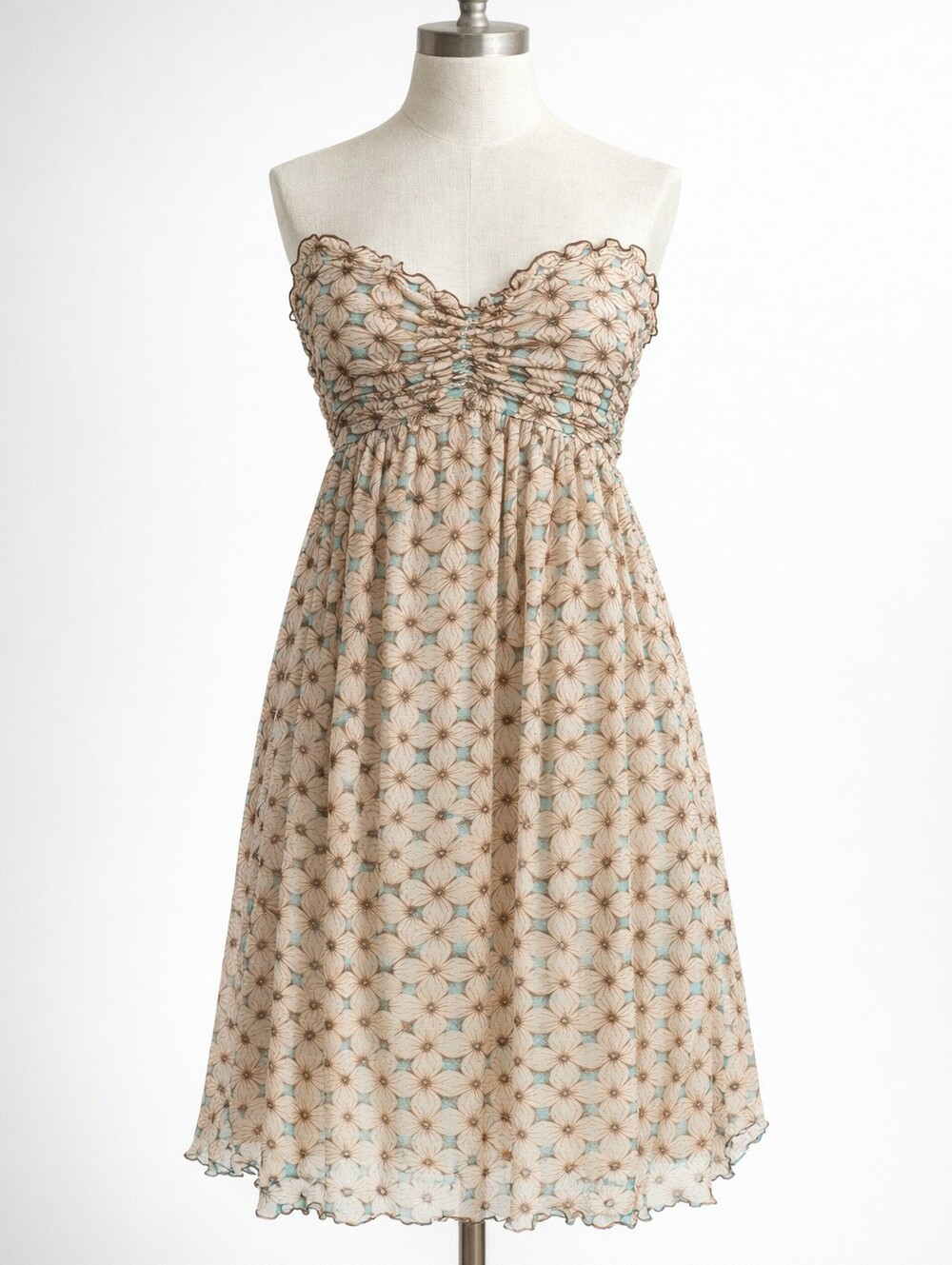 Vintage Diane von Furstenberg Silk Strapless Boho Floral Dress Beige Turquoise 8